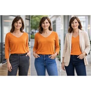 Vintage 90s Talbots Orange Ribbed Knit Top XL Cotton Rayon Textured Classic